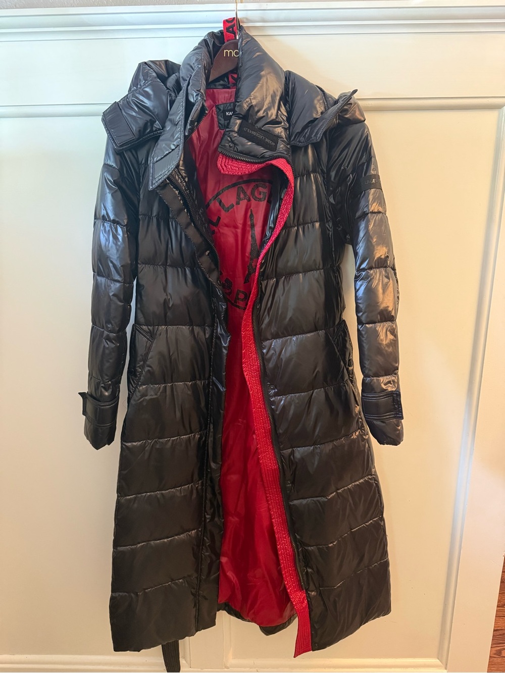 Karl Lagerfeld Black Long Puffer Coat with Red Lining